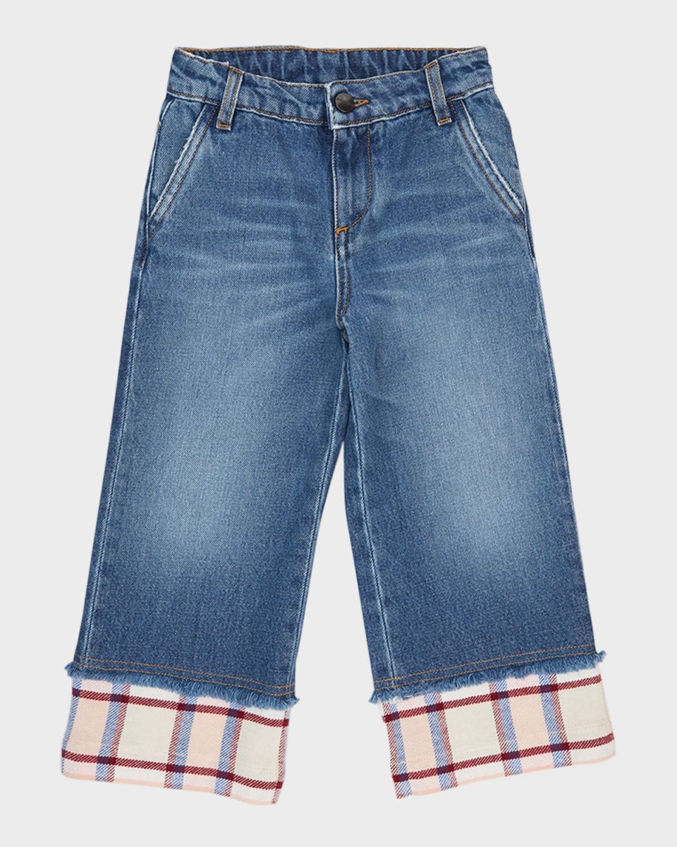 Girl's Check-Print Trim Medium Wash Jeans, Size 4-